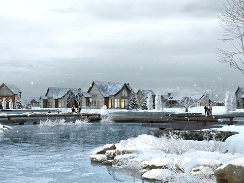 Modern Park Snow Ice Lake Residential Building Appearance psd