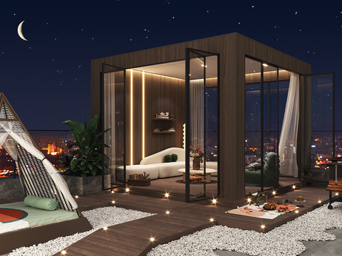 Modern roof terrace sun room night view