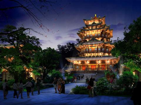 Neo-Chinese Style Ancient Building Appearance Night Scene psd