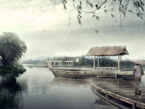 Chinese-style riverside bamboo raft boat psd