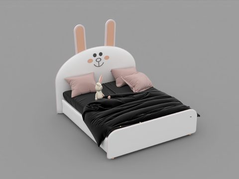 Nordic Simple Bunny Solid Wood Fabric Double Bed Free