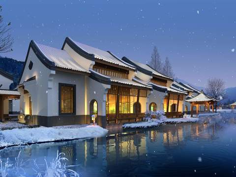 Neo-Chinese Style residential building exterior night scene psd