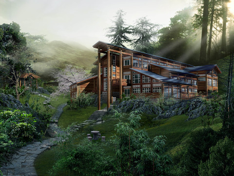 chinese mountain house exterior landscape psd