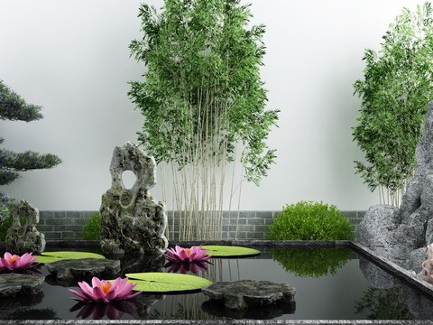 New Chinese-style rockery lotus waterscape sketch