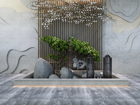 Neo-Chinese Style banyan tree mountain stone pool gardening sketch