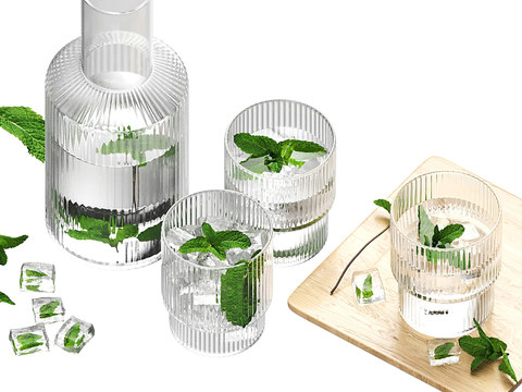 modern cutting board mint ice cubes glassware