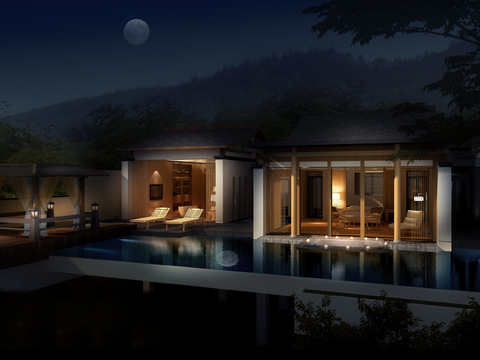 Neo-Chinese Style villa courtyard night scene psd