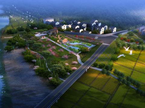 Neo-Chinese Style wetland garden bird's eye view night scene psd