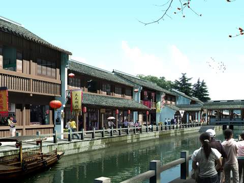 Chinese Ancient Building Folk River Landscape psd