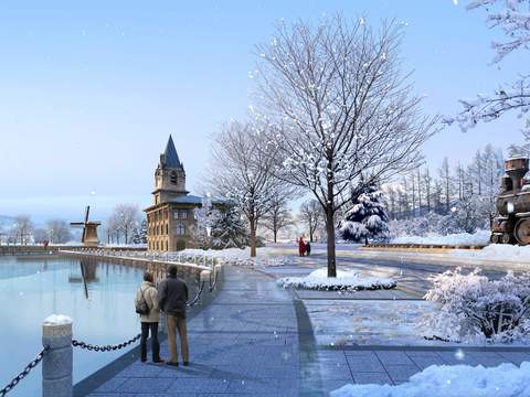 Neo-Chinese Style lakeside park snow psd