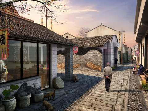 Neo-Chinese Style rural commercial street road landscape psd