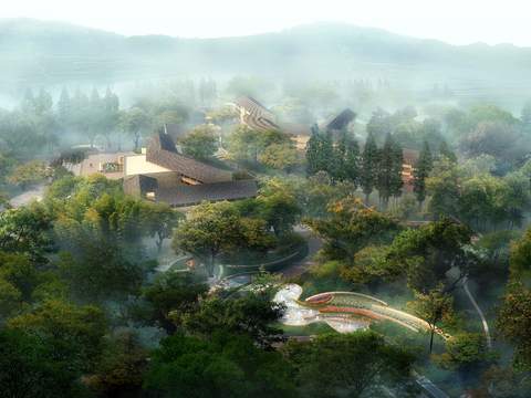 Chinese Wetland Garden Bird's Eye View Landscape psd