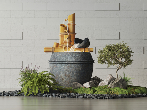 New Chinese bamboo flowing water gardening sketch