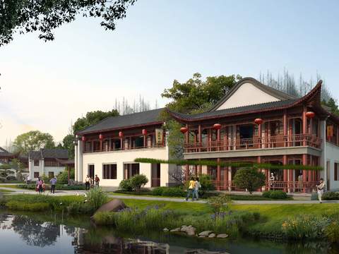 Neo-Chinese Style courtyard architectural exterior landscape psd