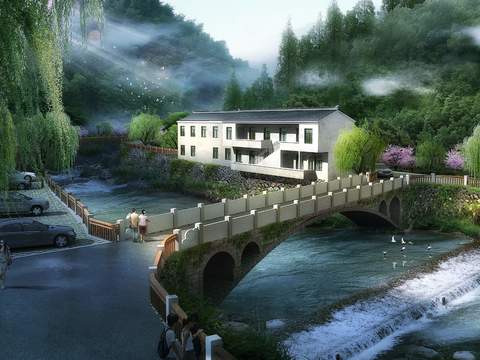 Neo-Chinese Style village bridge psd