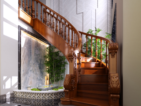 European-style curved carved staircase