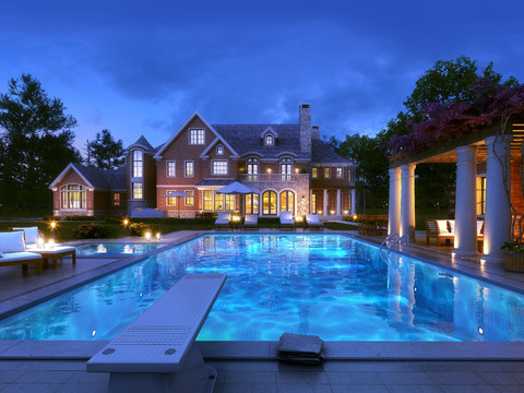 European style villa outdoor pool night view