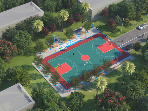 Aerial view of basketball court