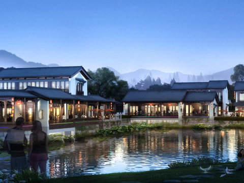 Chinese Lakeside Shopping Mall Appearance Landscape psd