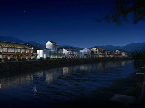 New Chinese-style River Residential Building Appearance Night Scene psd