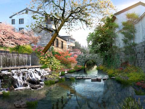 Neo-Chinese Style river flowing water peach blossom tree psd