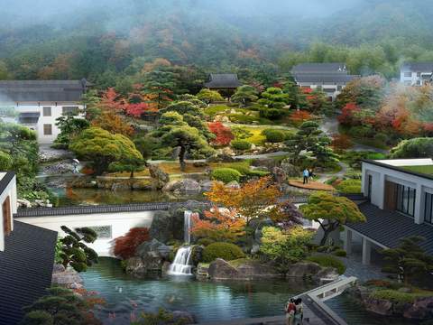 New Chinese-style rockery flowing water garden landscape psd