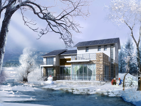 Modern single-family villa exterior snow psd