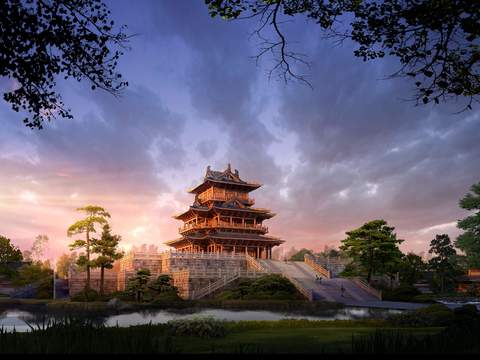 Chinese ancient building tower landscape psd