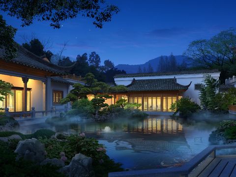 Neo-Chinese Style residence courtyard garden night scene psd