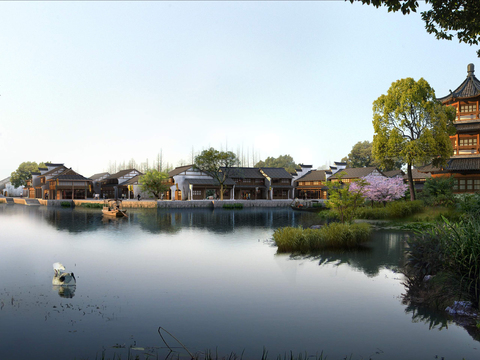 Neo-Chinese Style lakeside ancient building folk landscape psd