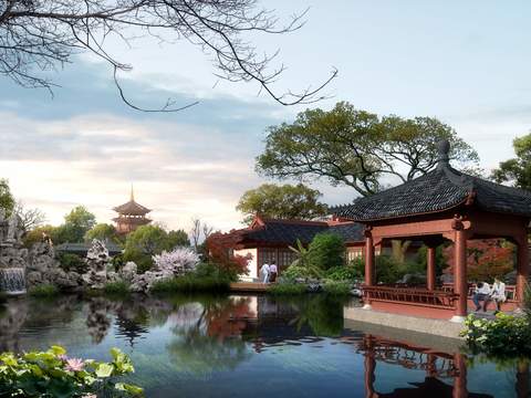 Neo-Chinese Style wetland pavilion landscape psd