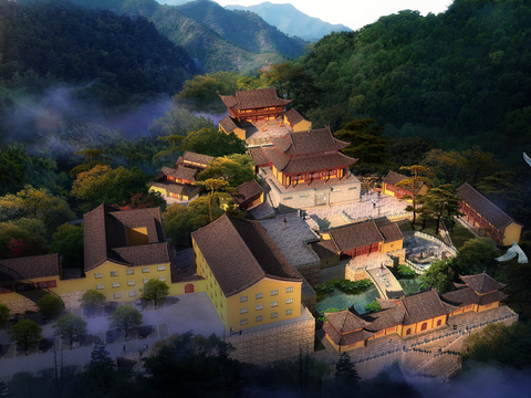 Chinese ancient building bird's eye view of night scene psd