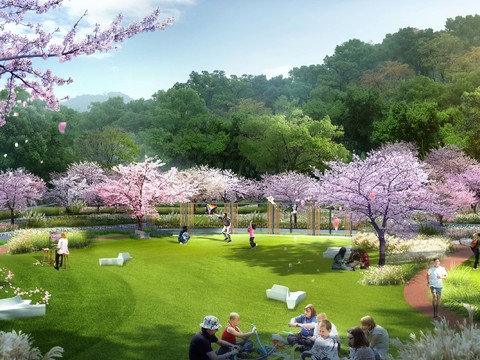 Modern Cherry Tree Park Landscape psd