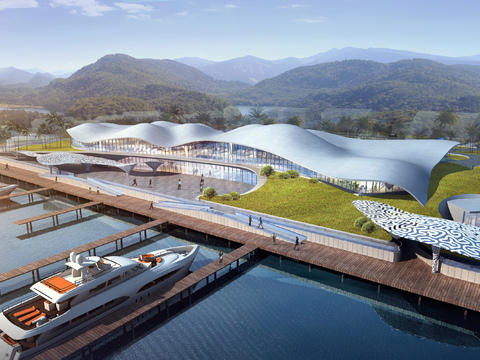 Bird's-eye view of the waiting ship building at the modern cruise ship terminal