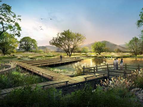 modern covered bridge wetland landscape psd