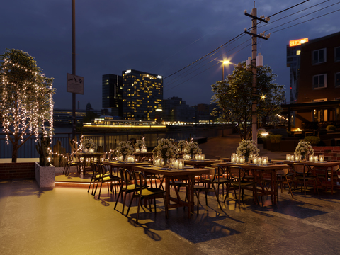 Modern barbecue shop outdoor booth night view