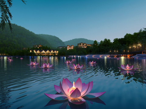 Modern Resort Lake Lotus Lights Night View