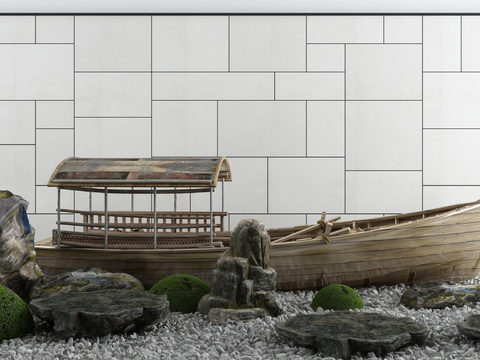 Neo-Chinese Style Wooden Boat Rock Landscape Sick