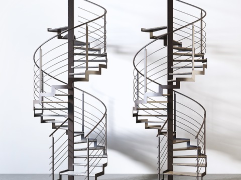 Industrial-style wrought iron revolving staircase