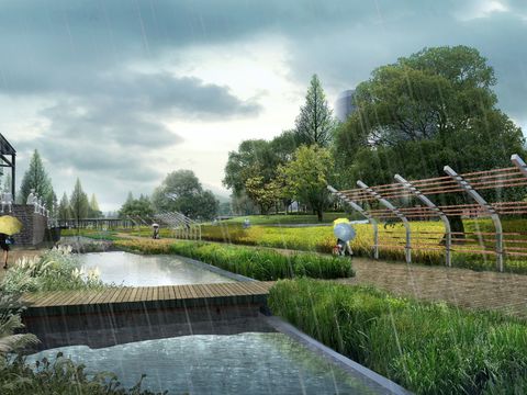 Modern Covered Bridge Rainy Day Wetland Garden psd