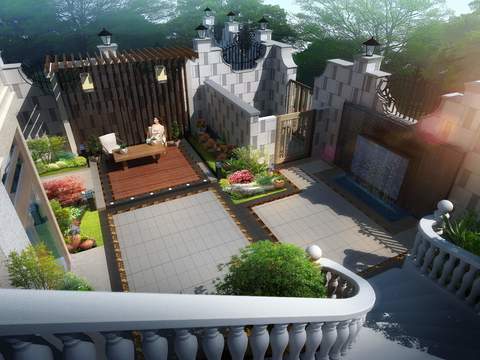 modern courtyard garden bird's eye psd