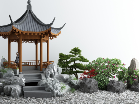 Neo-Chinese Style gazebo stone shrub landscape sketch