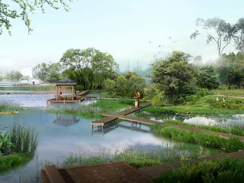 chinese style wetland park pavilion landscape psd