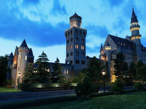 European style castle exterior night view