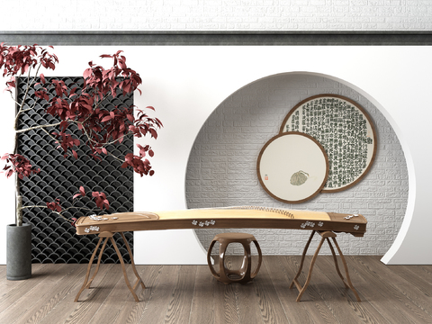 New Chinese Guzheng Potted Hanging Picture Combination