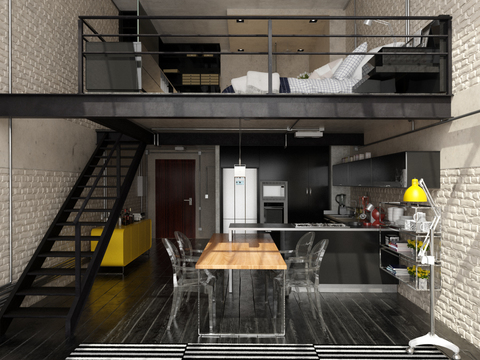 Industrial Style Duplex Apartment Dining Room Bedroom