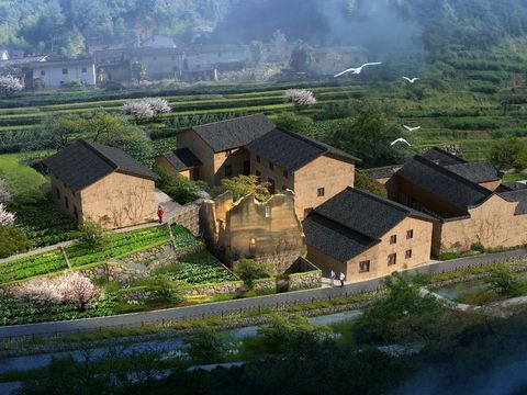 Chinese rural residential appearance bird's eye view psd