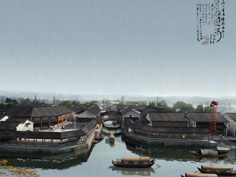 New Chinese-style River Boat Residential Building Appearance psd