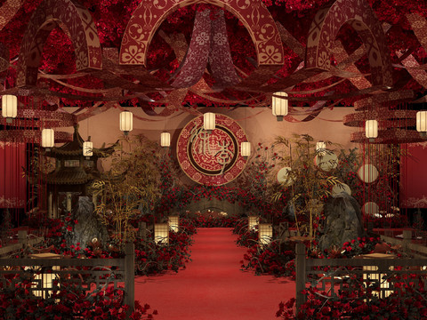 New Chinese Red Wedding Art Display Banquet Hall