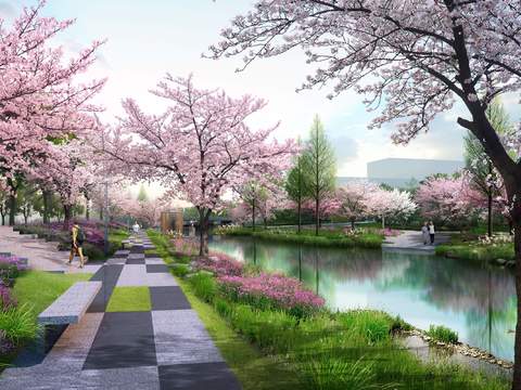 Modern River Peach Tree Park Landscape psd